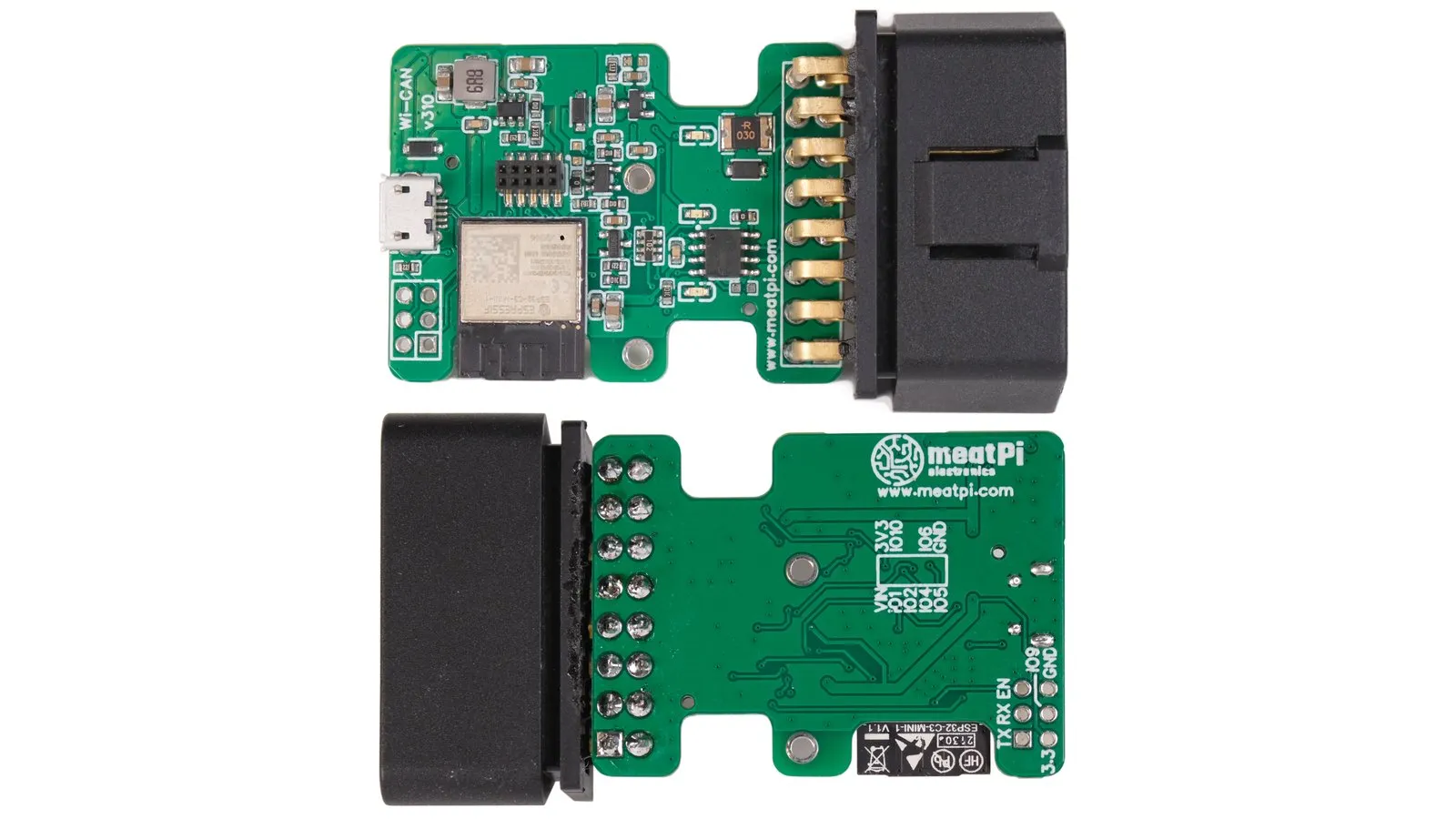 WiCAN OBD board, front and back